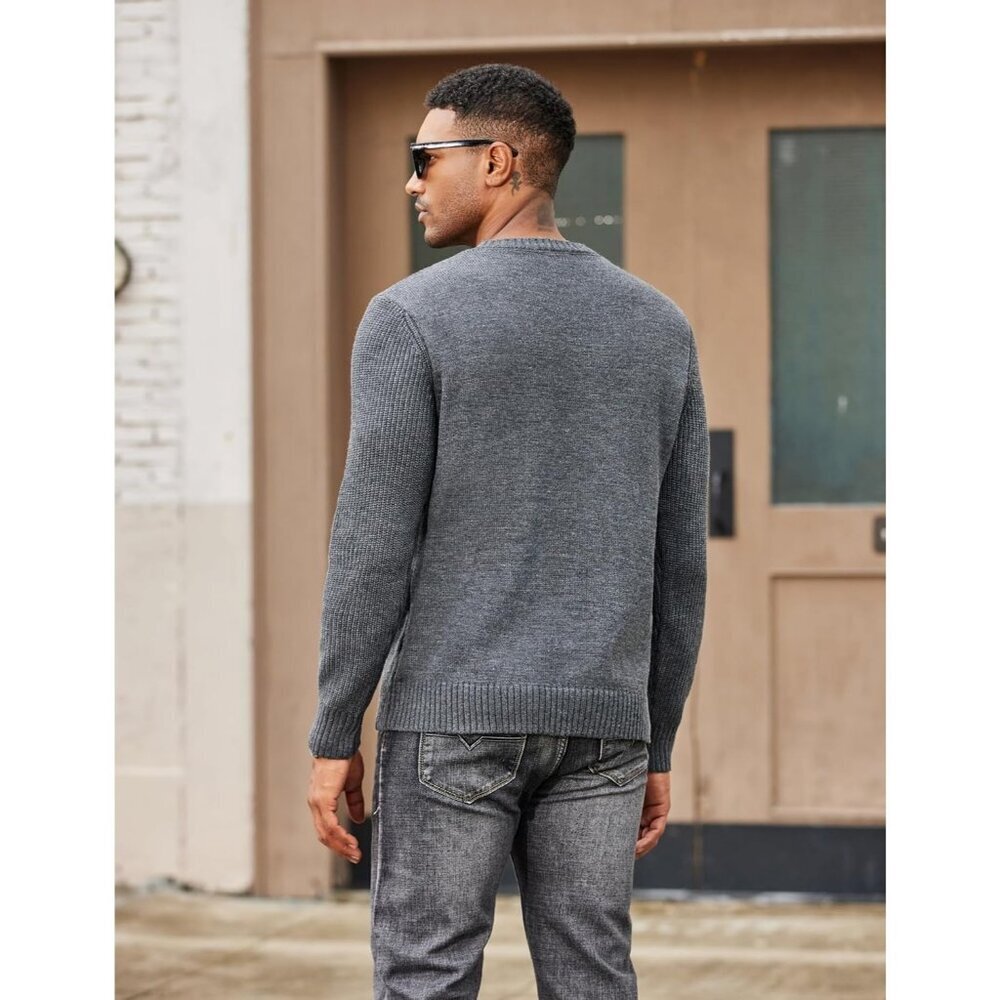 Coofandy Men Dark Grey Crewneck Pullover Twist Textured Fisherman Sweater - Picture 4 of 5